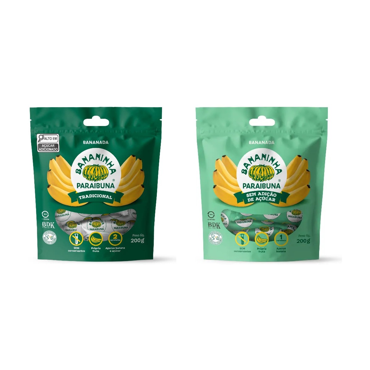 Combo Prueba Brasil: Bananinha Paraibuna con azúcar y sin azúcar, dos paquetes de 200g
